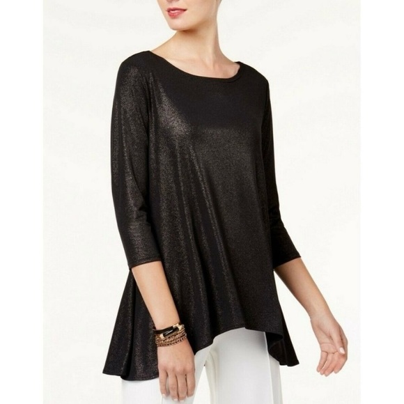 Alfani Tops - Shimmer Scoop Neck Tunic Blouse Womens S Black Liquid Knit Hi Low 3/4 Sleeve EUC